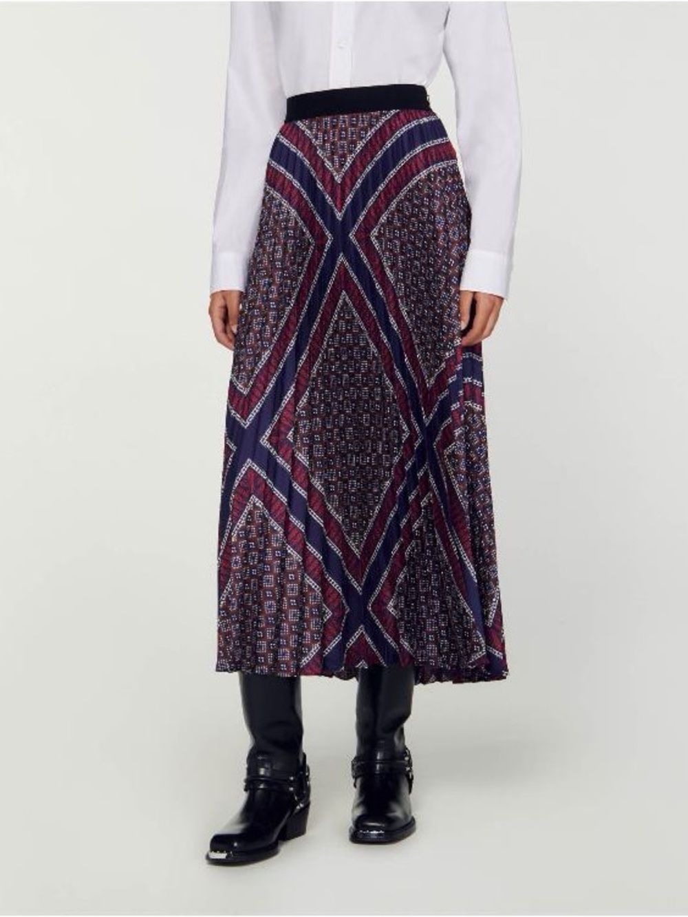 long printed pleated skirt (Jupe longue plissée imprimée)by sandro burgundy navy - Picture 3 of 6
